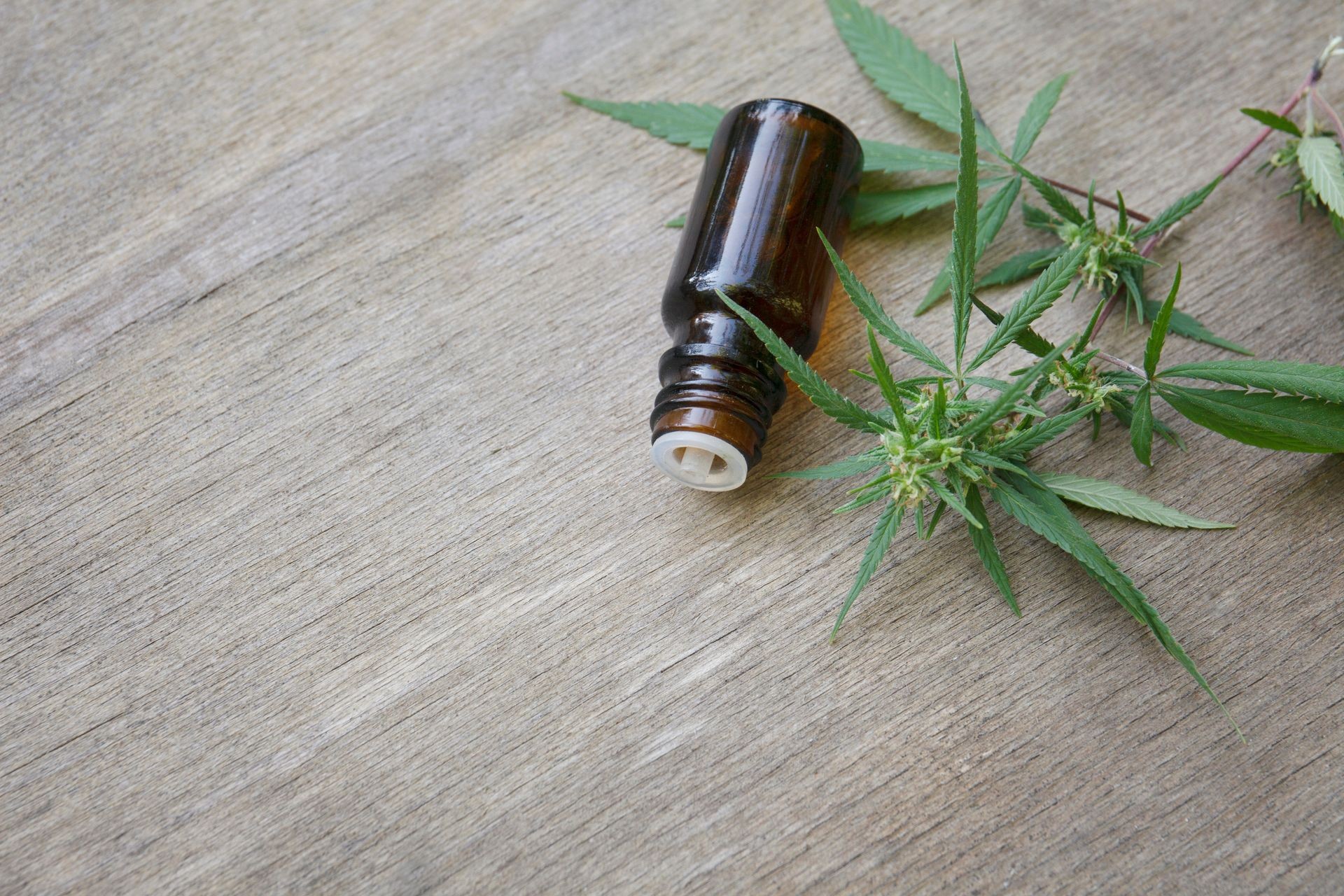 cannabis essential oil container with cannabis leaves and cannabis seeds on wooden background